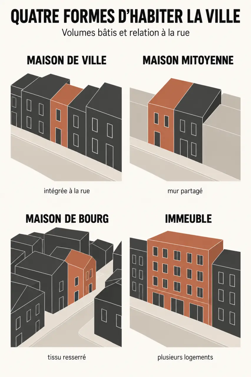 Infographie sur les différences entre maison de ville, maison mitoyenne, maison de bourg et immeuble urbain