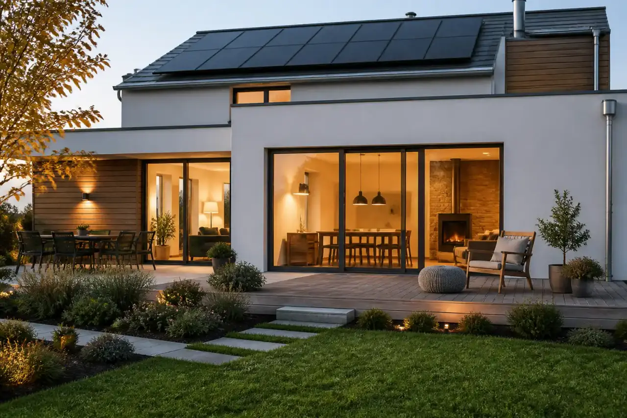 Salon moderne et chaleureux baigné de lumière naturelle au coucher du soleil, avec domotique discrète