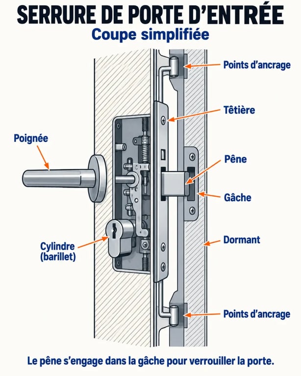 Schéma des composants d'une serrure de porte d'entrée avec cylindre, pêne et gâche