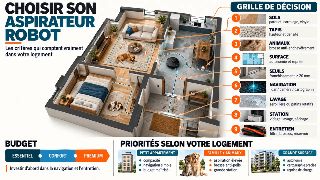 Infographie pour savoir quel aspirateur robot choisir selon les sols, les animaux, la surface et le niveau d’autonomie