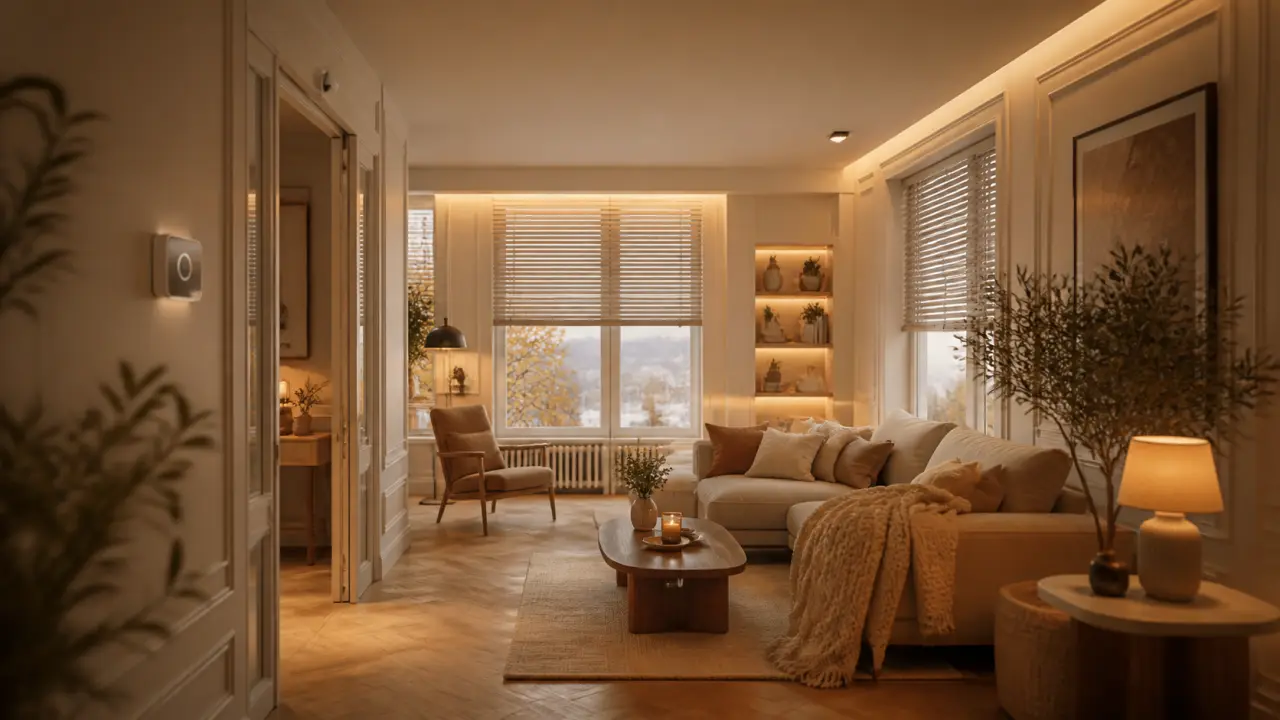 Salon moderne et chaleureux baigné de lumière naturelle au coucher du soleil, avec des éléments domotiques discrets
