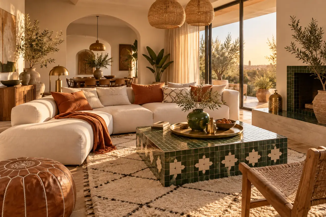 La déco marocaine réchauffe un intérieur moderne grâce au zellige, au laiton et au raphia