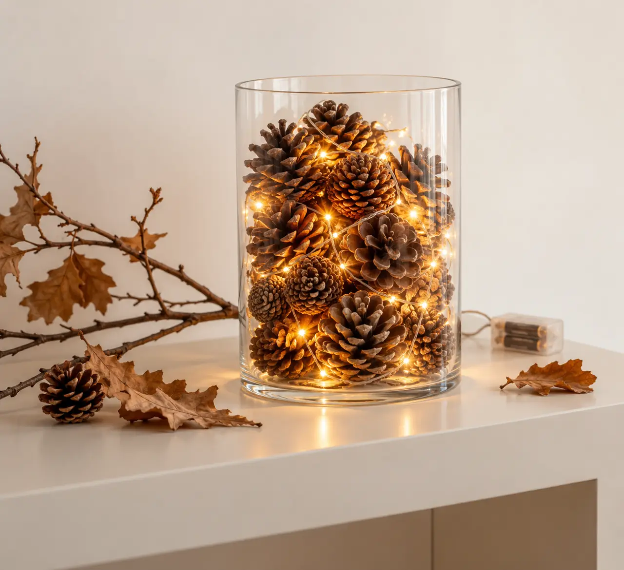 Décoration automne DIY avec vase lumineux, pommes de pin et guirlande LED