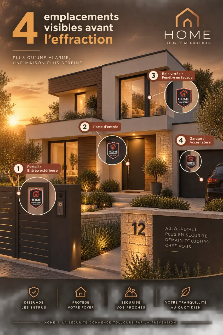 Autocollant d’alarme maison : 4 emplacements visibles avant l’effraction