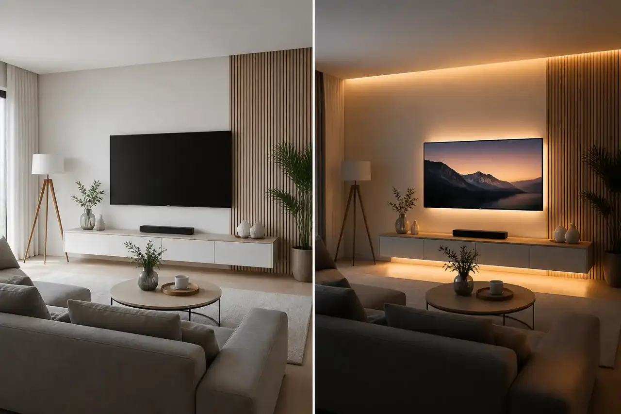 Séjour moderne et chaleureux avec domotique discrète intégrée à la décoration