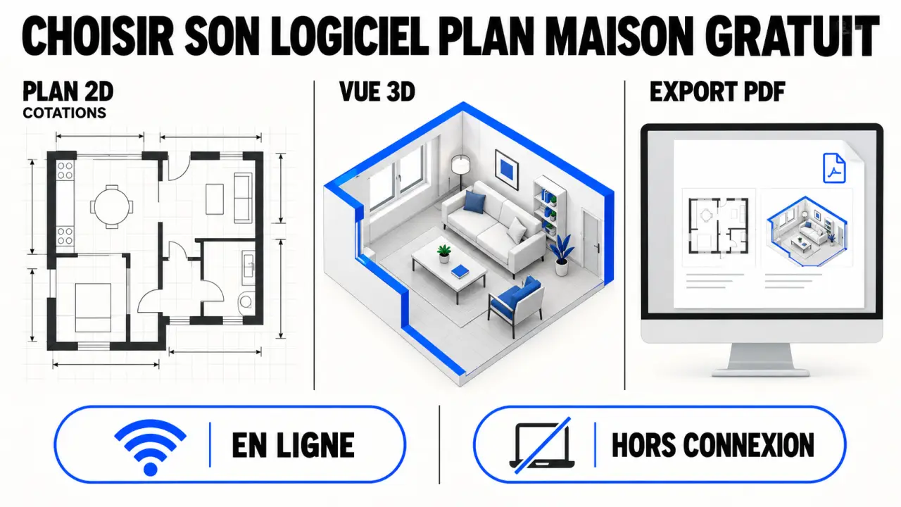 Logiciel plan maison gratuit : comparaison visuelle entre plan 2D, aménagement 3D et export PDF