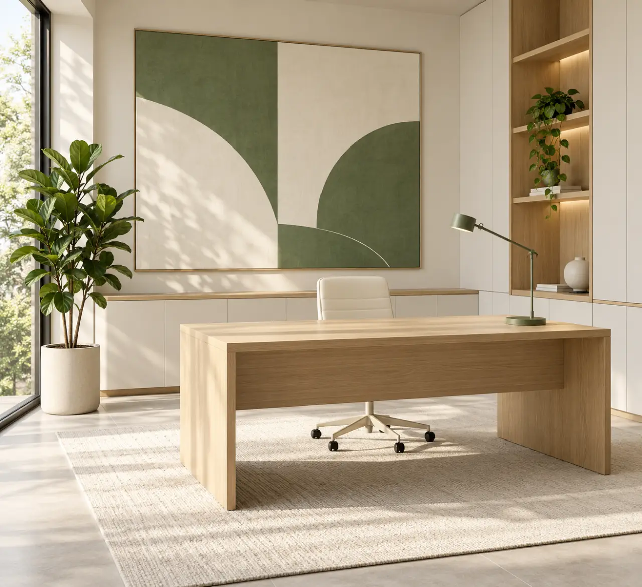 Idée de déco pour bureau professionnel avec tableau, plante et rangements harmonisés