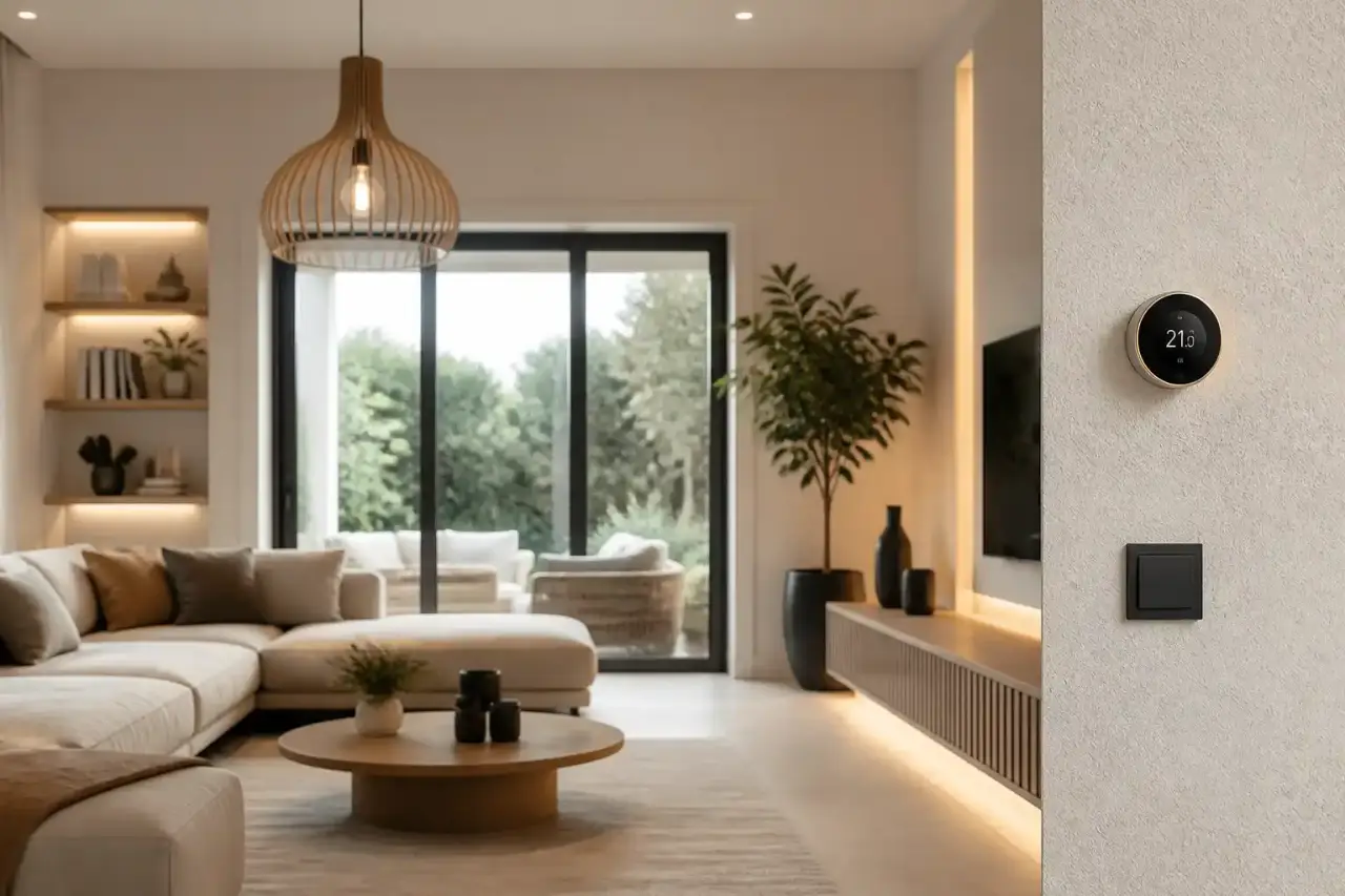Salon moderne et chaleureux avec domotique discrète et éclairage d'ambiance élégant
