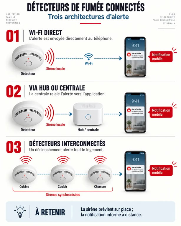 Infographie sur les architectures d’un détecteur de fumée connecté : Wi-Fi, hub et détecteurs interconnectés