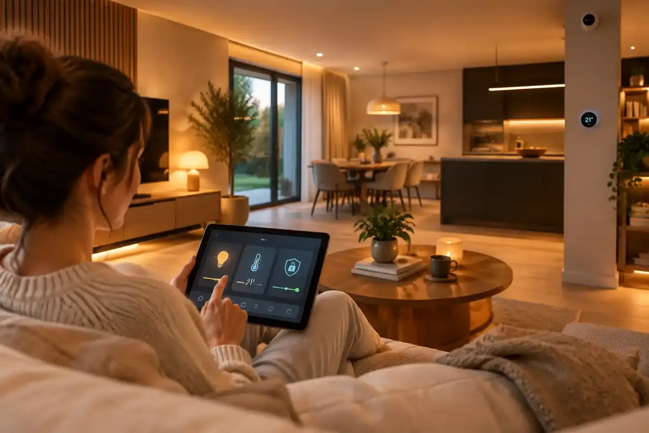Salon moderne et chaleureux équipé d'une rénovation connectée discrète