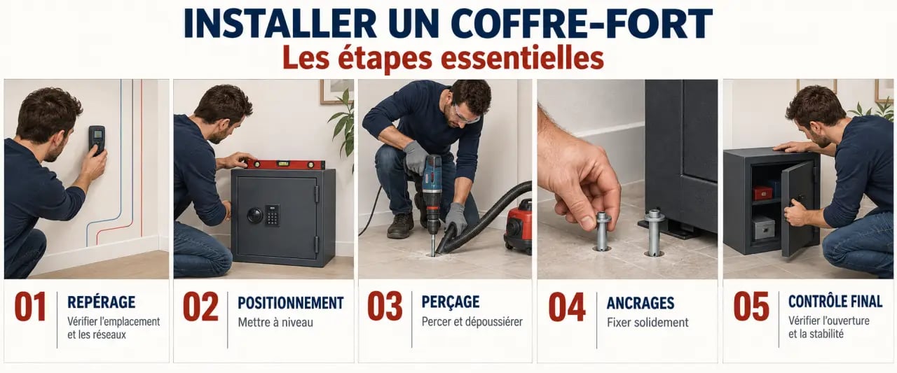 Étapes de l’installation d’un coffre-fort à poser avec repérage, perçage, fixation et contrôle final
