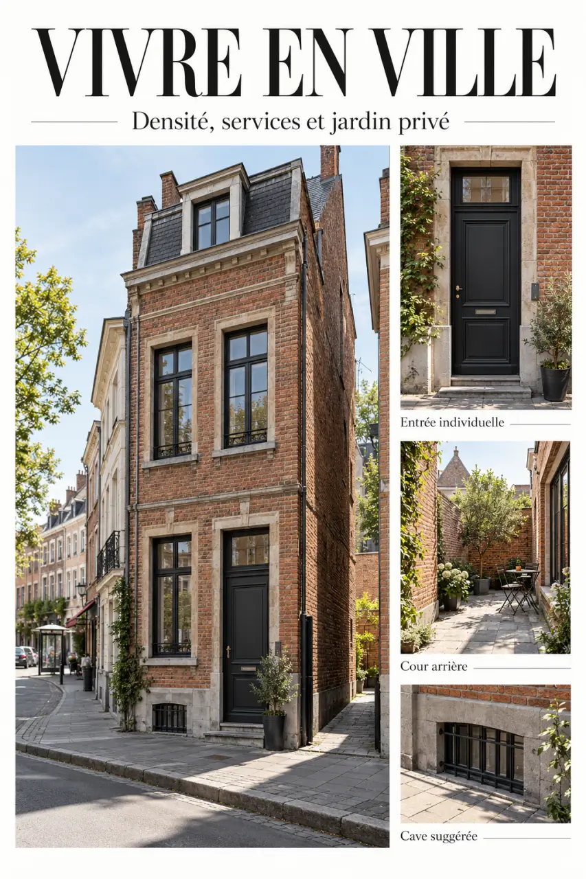 Maison de ville en rue urbaine avec entrée individuelle, plusieurs niveaux et petite cour privée