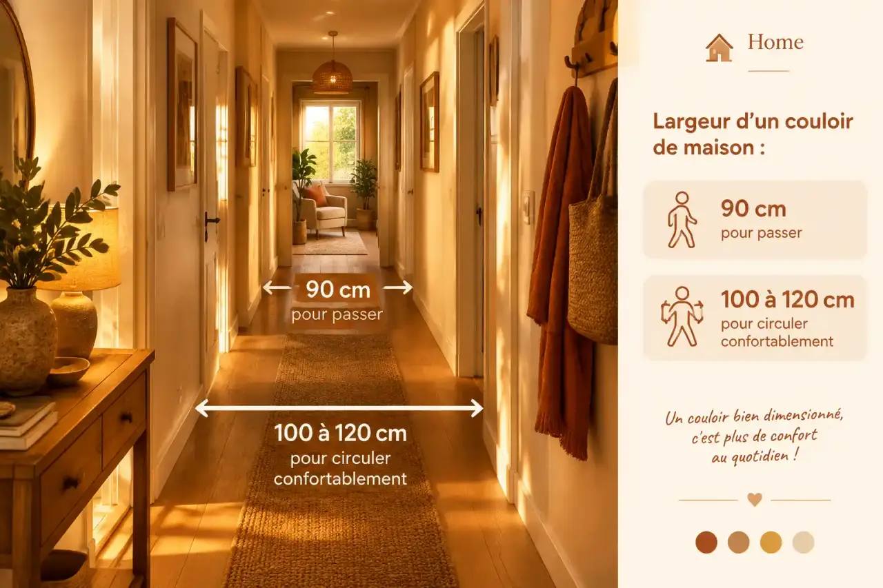 Largeur d’un couloir de maison : 90 cm pour passer, 100 à 120 cm pour circuler confortablement