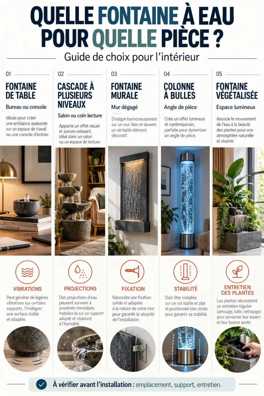 Infographie sur les formats de fontaine à eau intérieure selon la pièce et l’emplacement