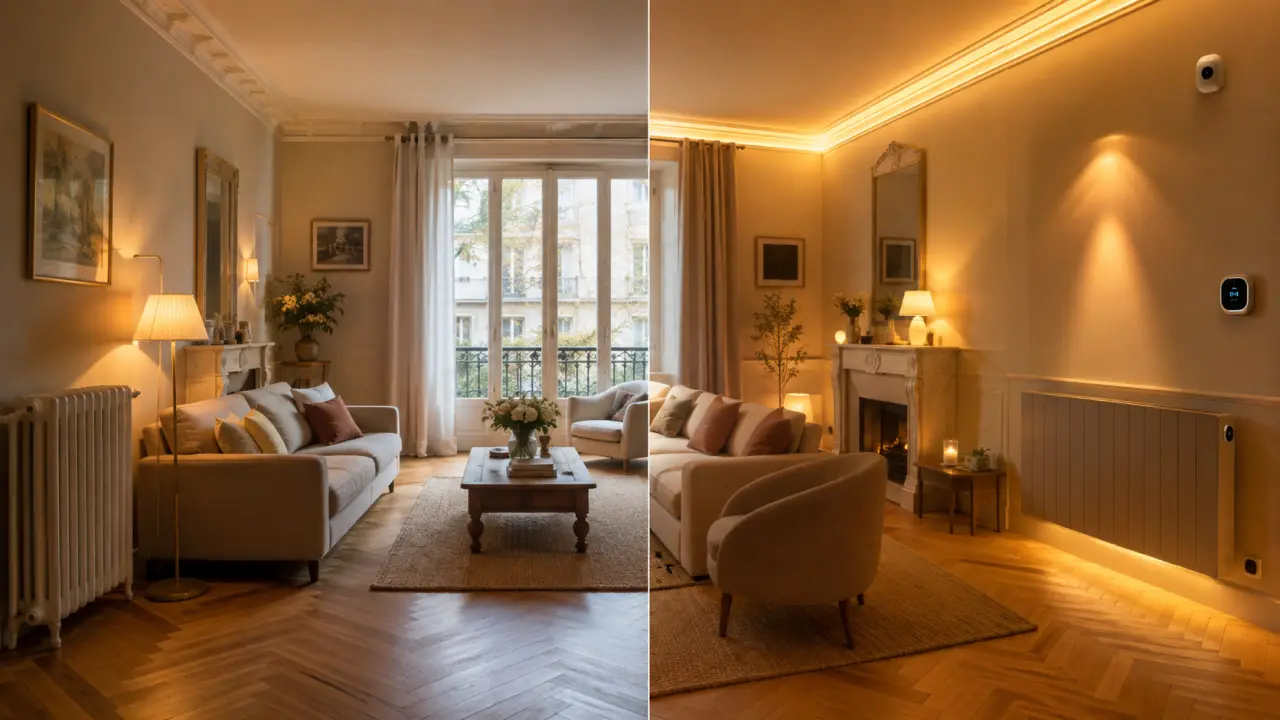 Salon moderne et chaleureux avec éclairage connecté et chauffage discret