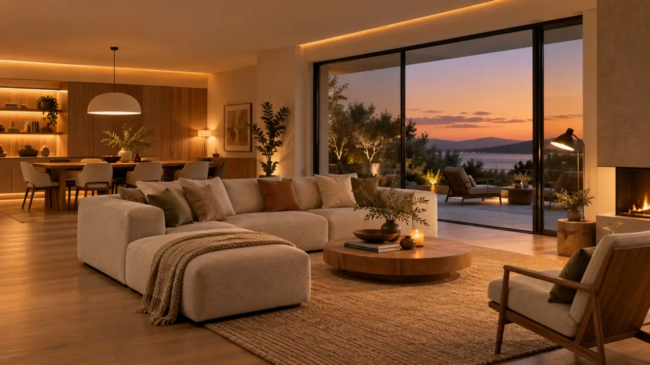Salon contemporain avec éclairage connecté chaleureux et discret