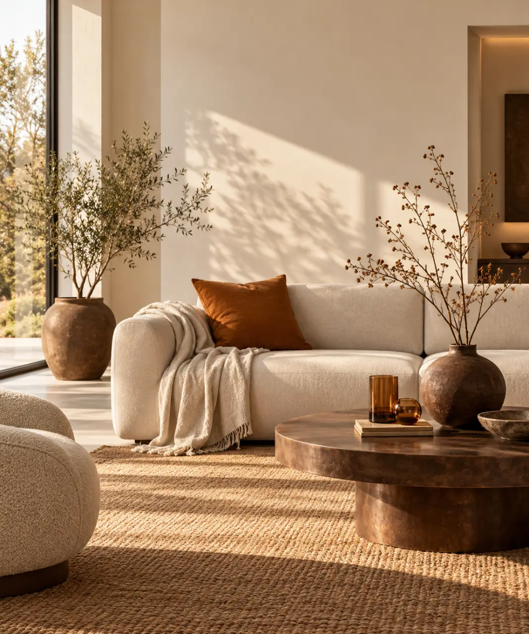 Décoration automne chaleureuse avec plaid, vase brun et branches naturelles dans un salon clair