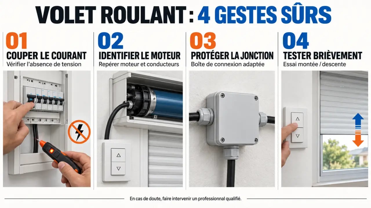 Branchement d’un volet roulant en quatre étapes avec mise hors tension, identification des fils et raccordement protégé