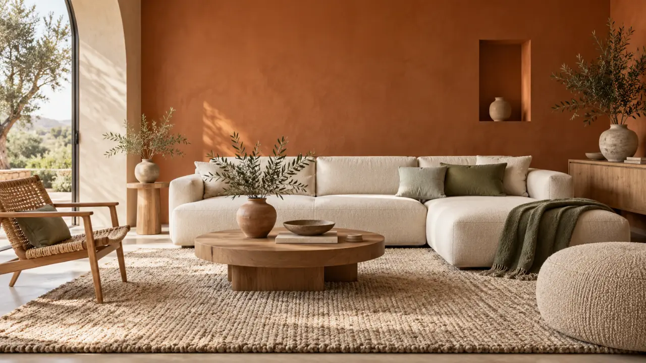 Décoration terracotta salon avec mur couleur terre cuite, matières naturelles et touches de vert sauge