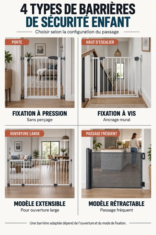 Barrière sécurité enfant : comparaison des modèles à pression, à vis, extensible et rétractable