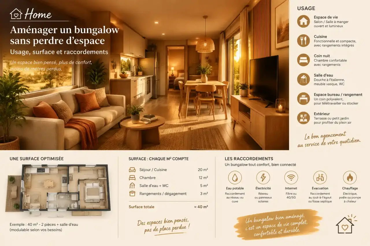 Aménager un bungalow sans perdre d’espace : usage, surface et raccordements