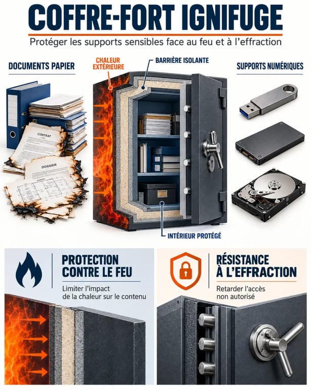 Infographie sur le coffre-fort ignifuge pour documents papier et supports numériques